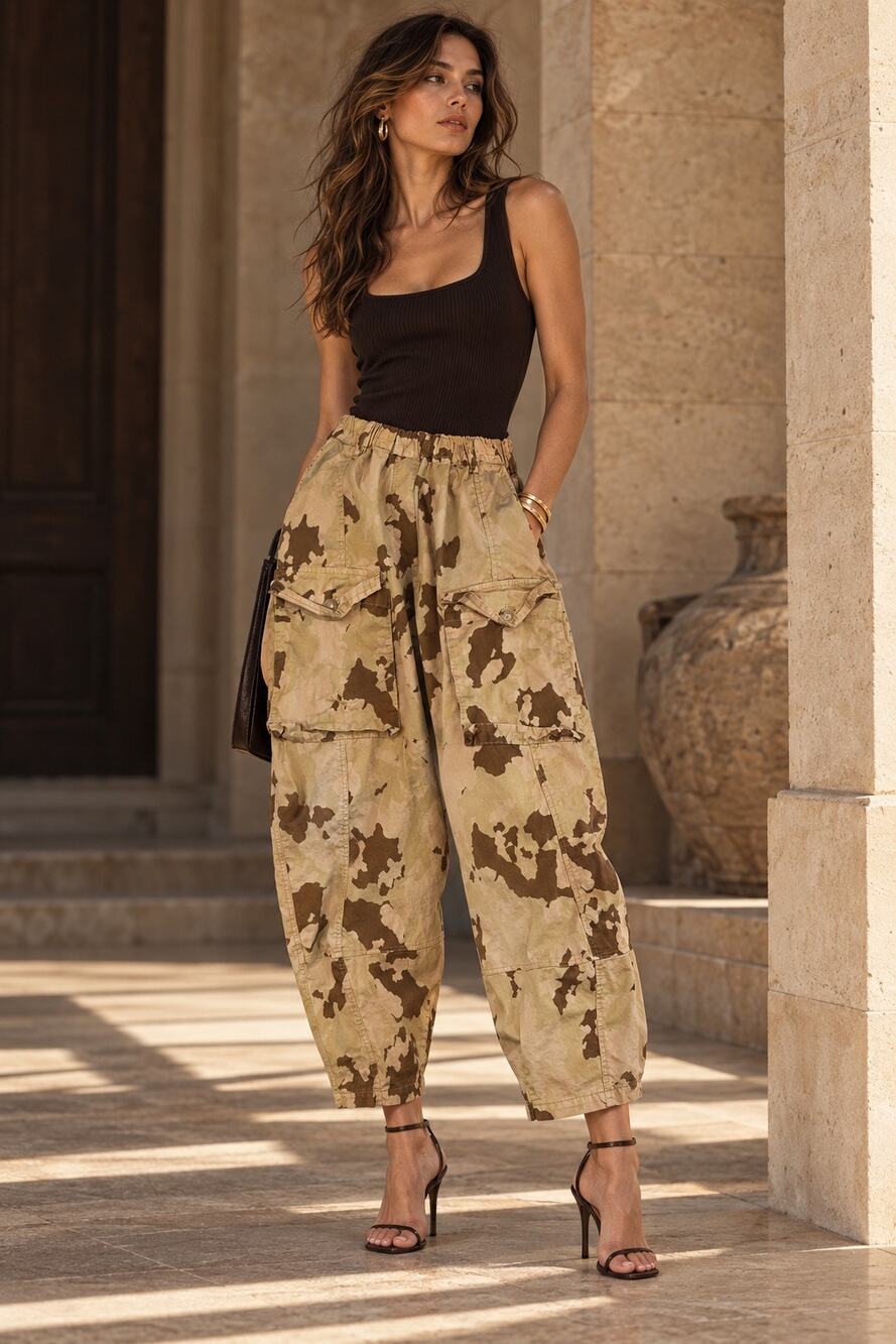 TADASHI Italian Dessert Camo High Rise Barrel Jogger Pants